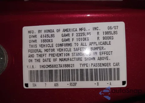 2007 Honda Accord 2.4 Ex из США, поврежденный, VIN 1HGCM56827A188621